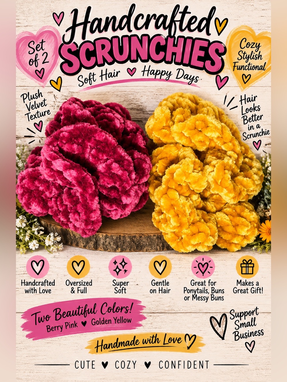 Handcrafted Plush Velvet Scrunchies Set of 2 Berry Pink & Golden Yellow